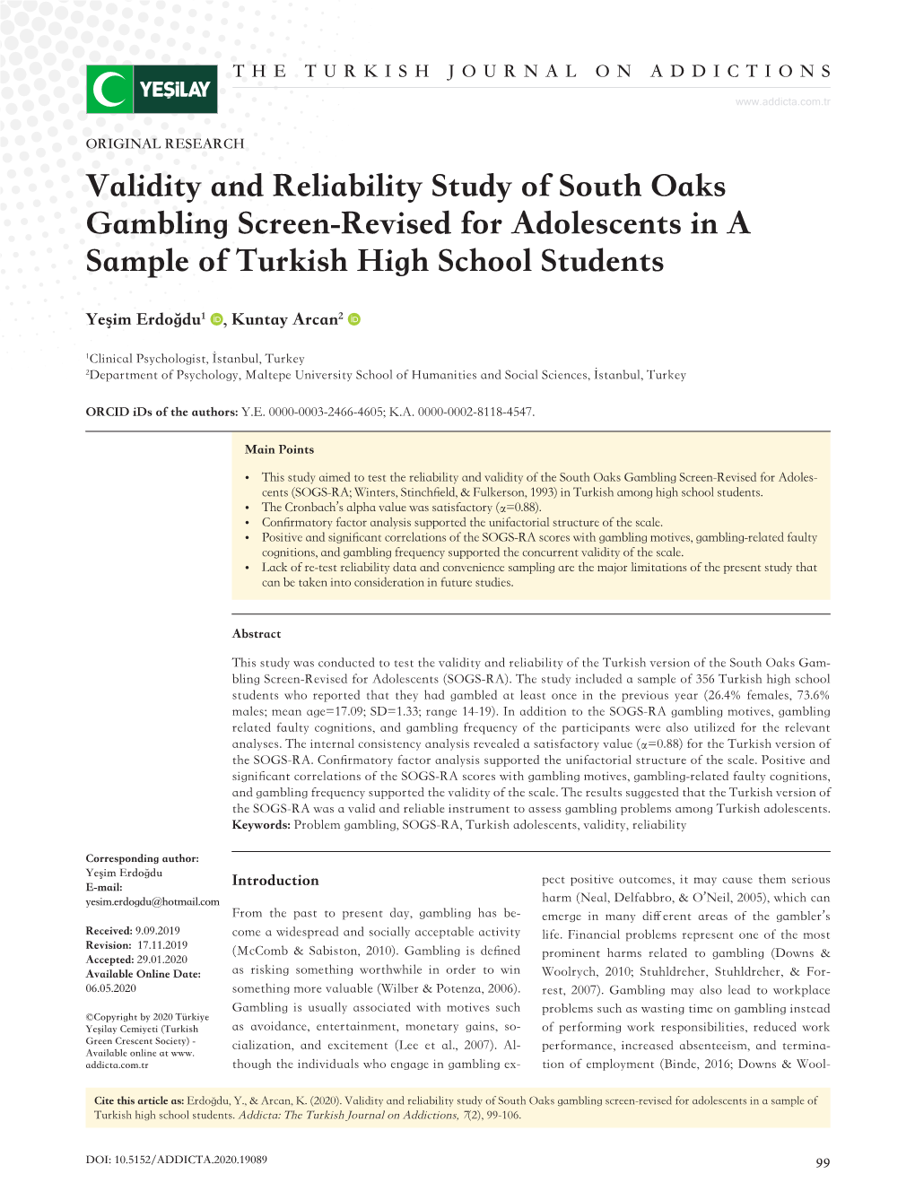 Validity and Reliability Study of South Oaks Gambling Screen-Revised for Adolescents in a Sample of Turkish High School Students