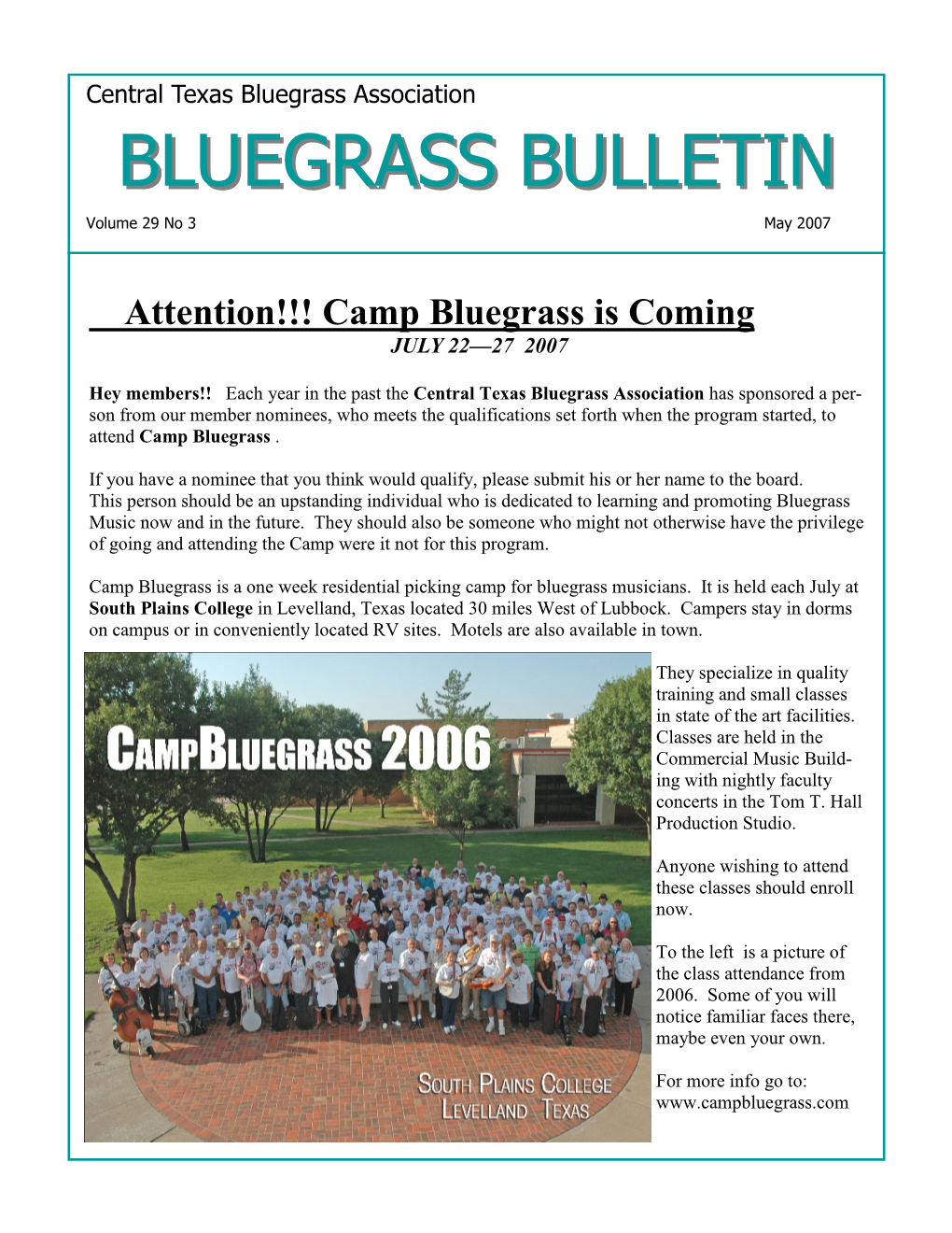 BLUEGRASS BULLETINBULLETIN Volume 29 No 3 May 2007