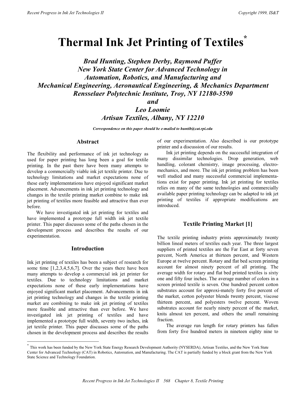 Thermal Ink Jet Printing of Textiles*