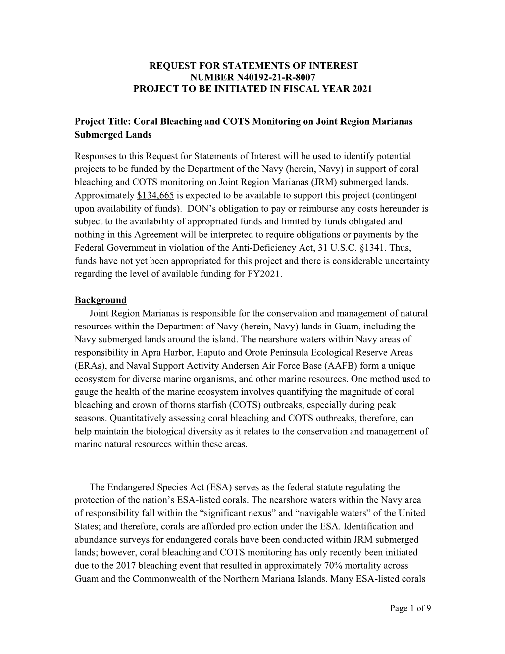 Coral Bleaching and COTS Monitoring on Joint Region Marianas Submerged Lands