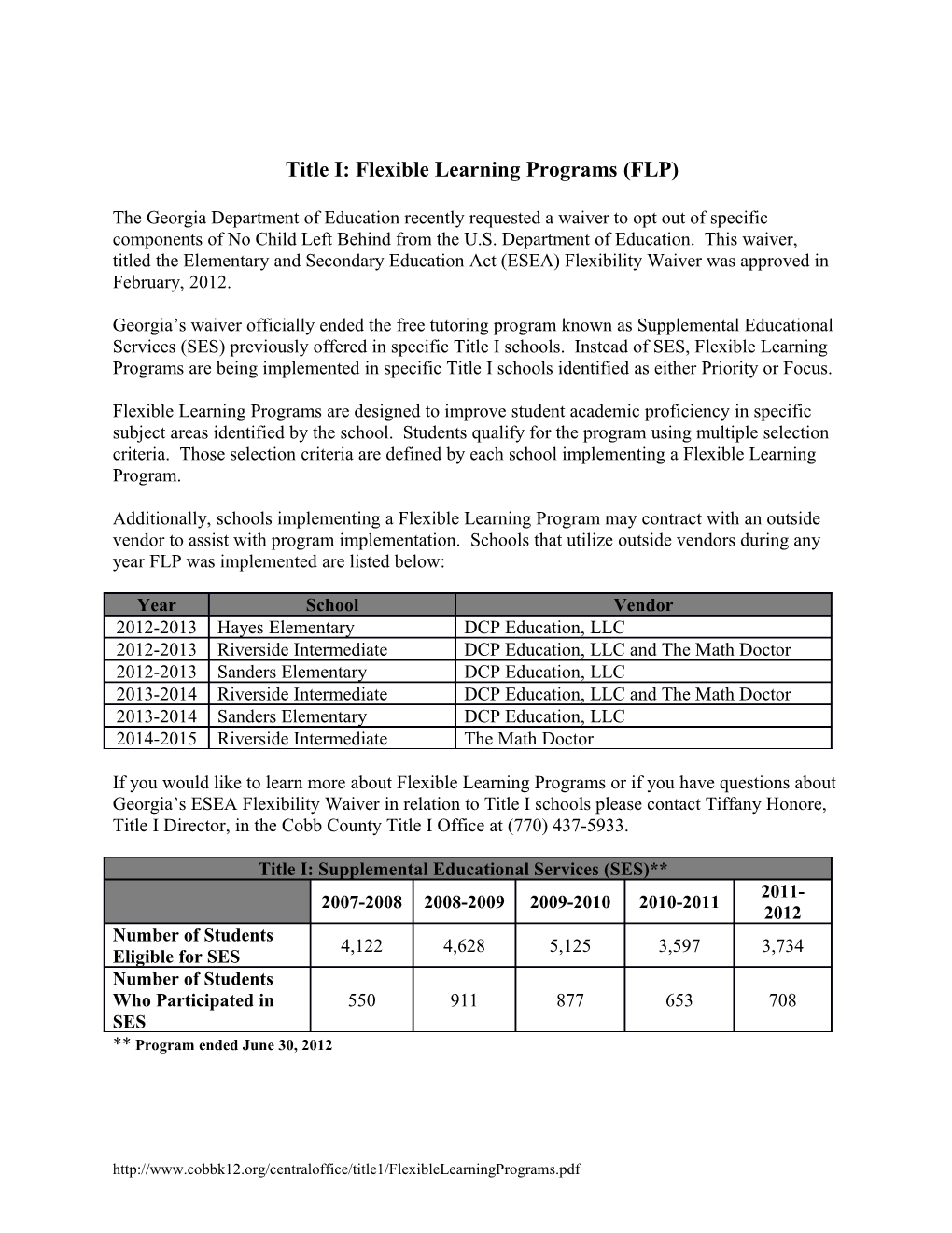 Title I: Flexible Learning Programs (FLP)