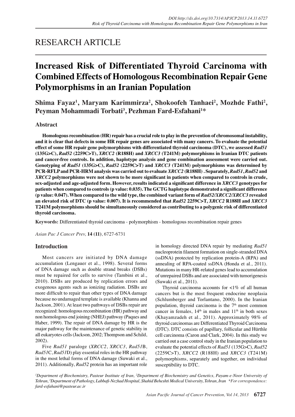 Increased Risk of Differentiated Thyroid Carcinoma with Combined Effects of Homologous Recombination Repair Gene Polymorphisms in an Iranian Population
