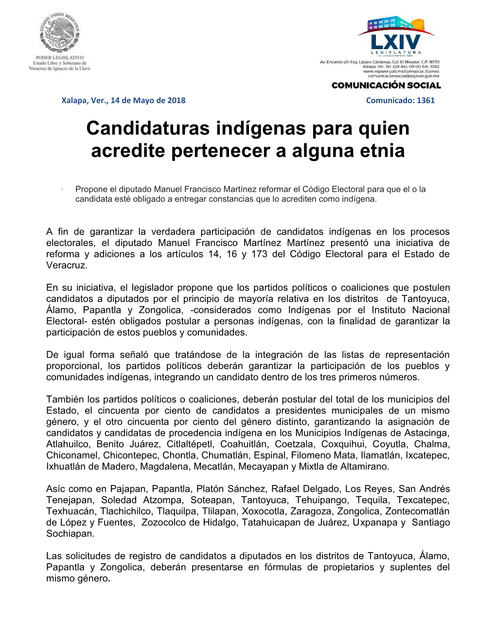 Candidaturas Indígenas Para Quien Acredite Pertenecer a Alguna Etnia