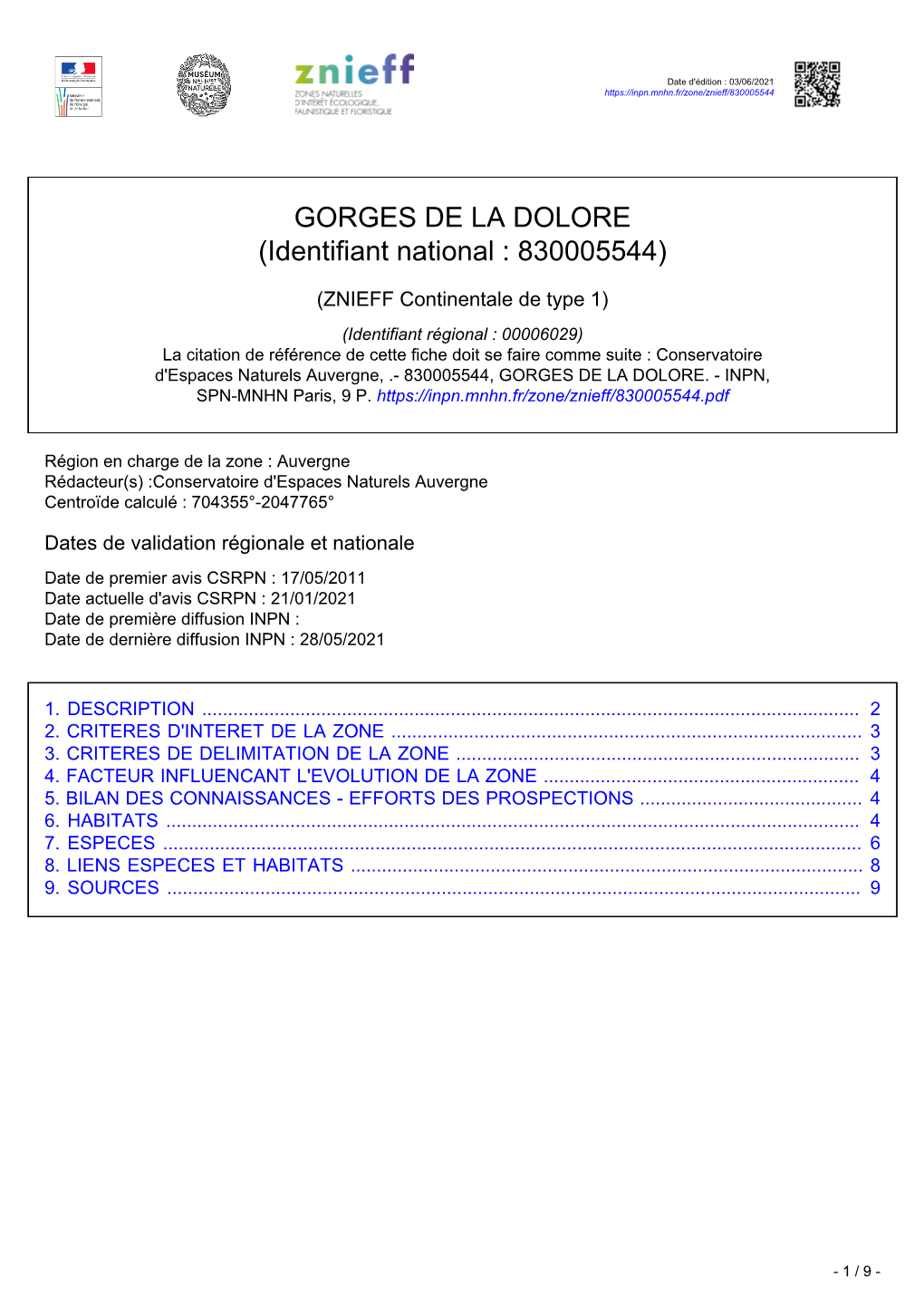 GORGES DE LA DOLORE (Identifiant National : 830005544)