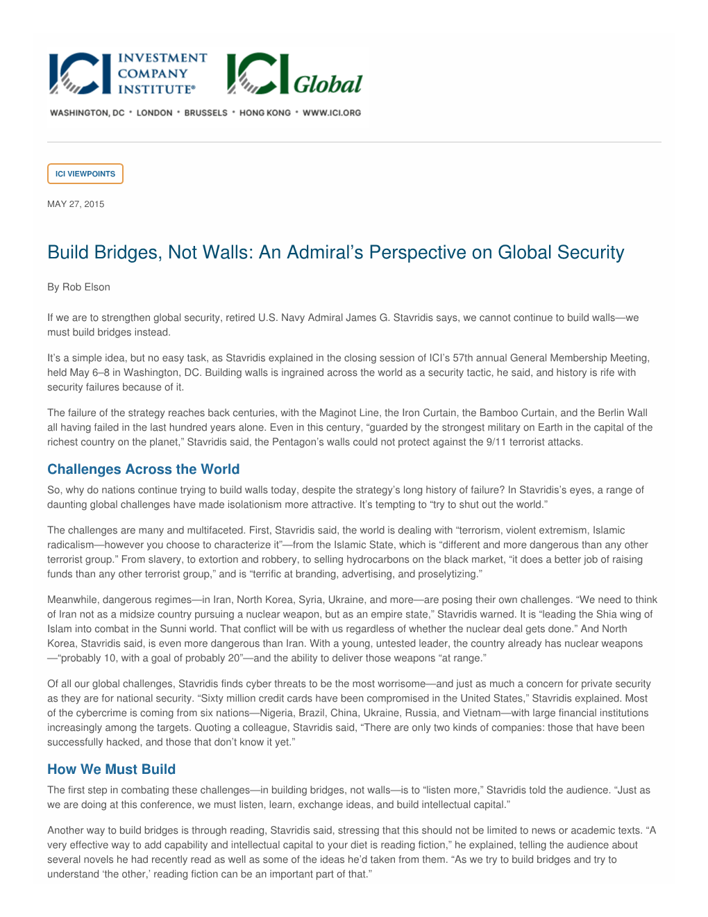 Build Bridges, Not Walls: an Admiral’S Perspective on Global Security