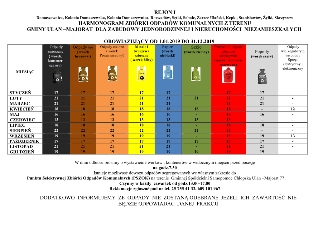 Rejon I Harmonogram Zbiórki Odpadów Komunalnych Z Terenu Gminy Ulan
