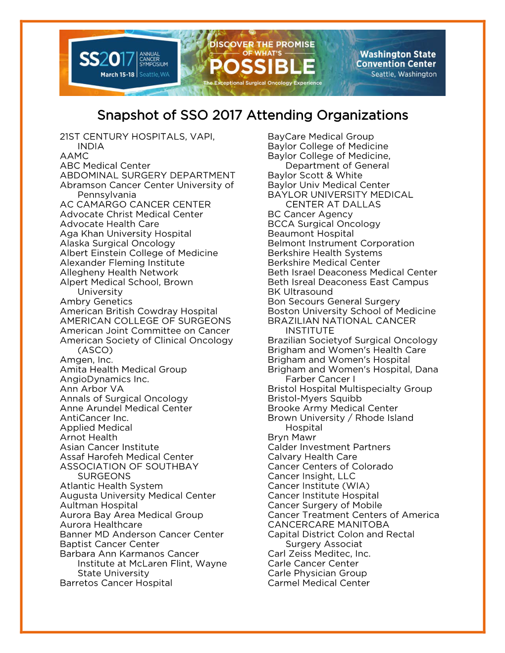 Snapshot of SSO 2017 Attending Organizations