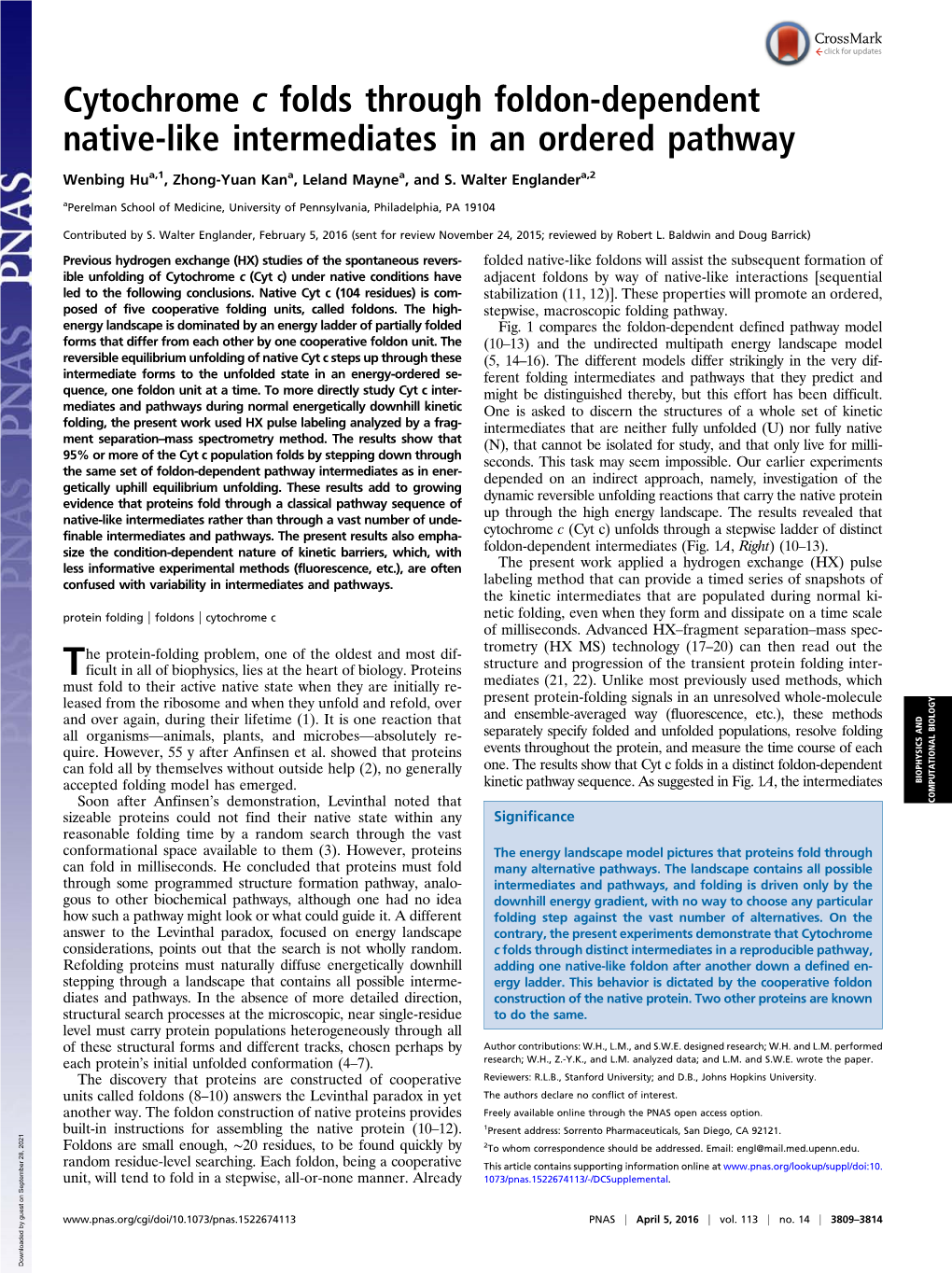 Cytochrome C Folds Through Foldon-Dependent Native-Like Intermediates in an Ordered Pathway