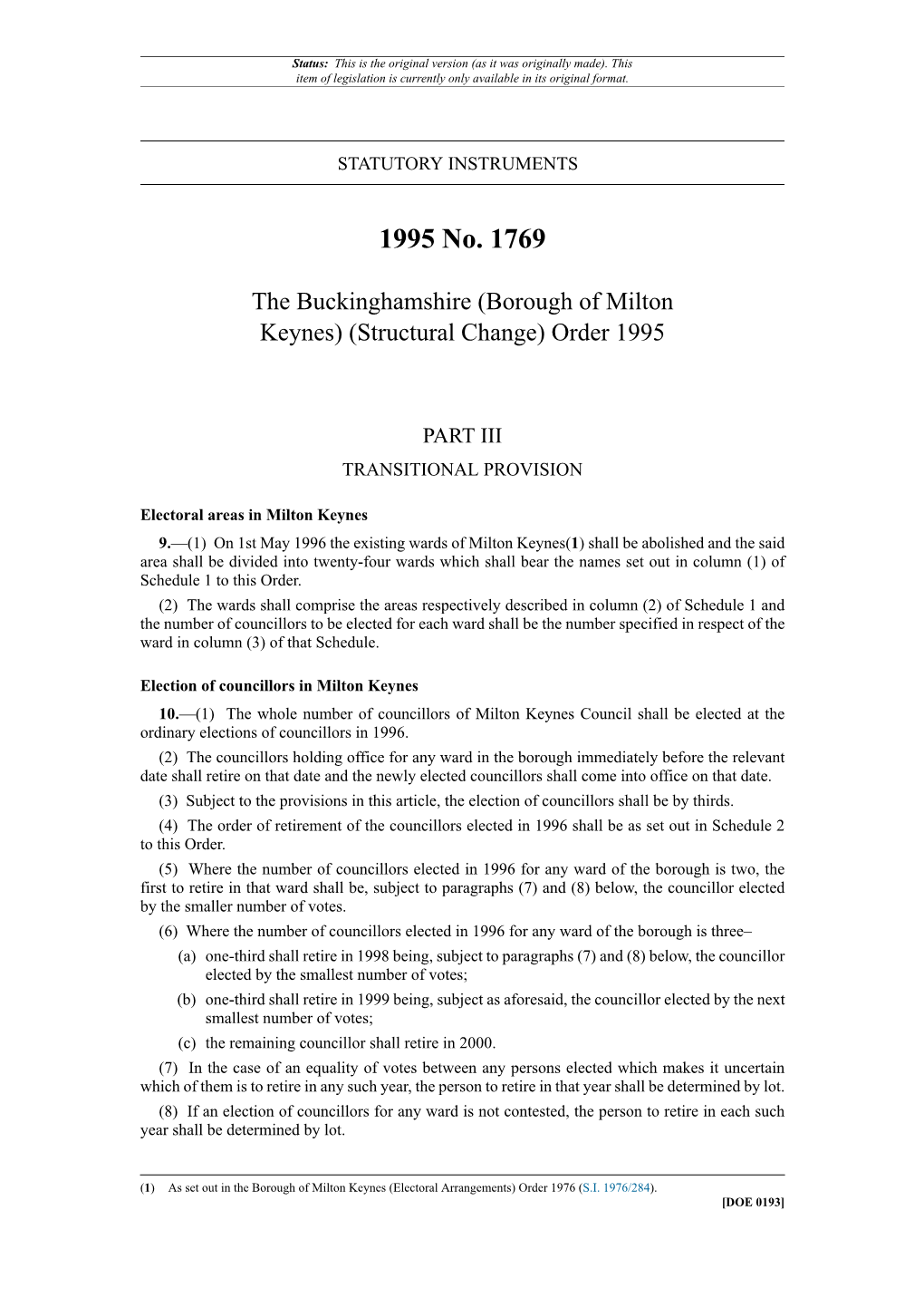 Borough of Milton Keynes) (Structural Change) Order 1995