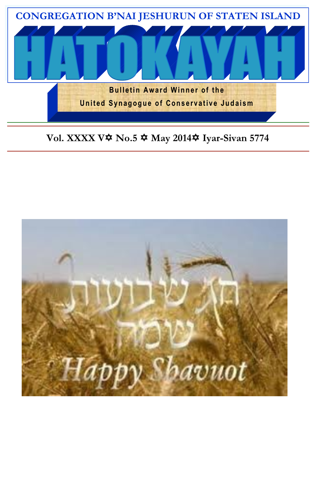 Vol. XXXX V No.5 May 2014 Iyar-Sivan 5774 CONGREGATION
