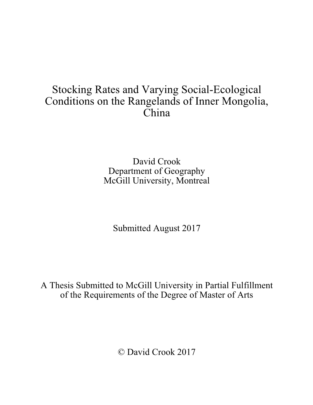 Stocking Rates and Varying Social-Ecological Conditions on the Rangelands of Inner Mongolia, China