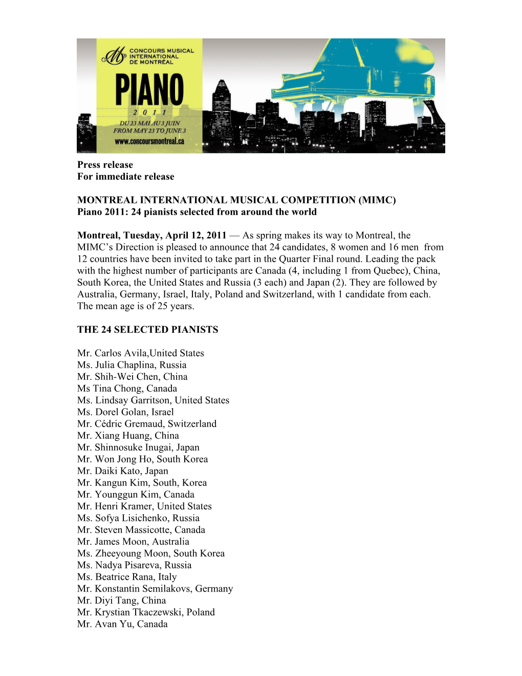 (MIMC) Piano 2011: 24 Pianists Selected from Around the World