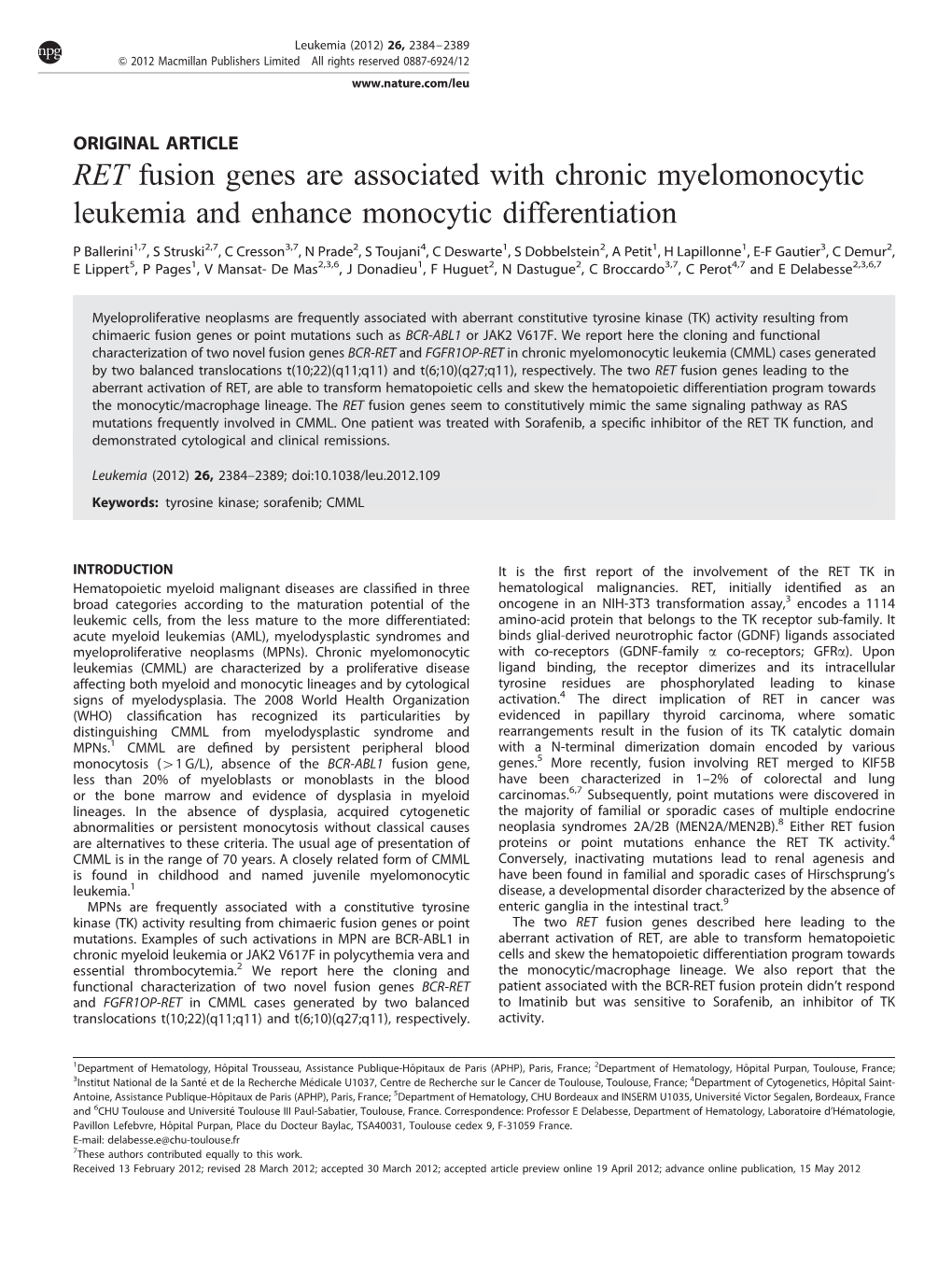 RET Fusion Genes Are Associated with Chronic Myelomonocytic Leukemia and Enhance Monocytic Differentiation