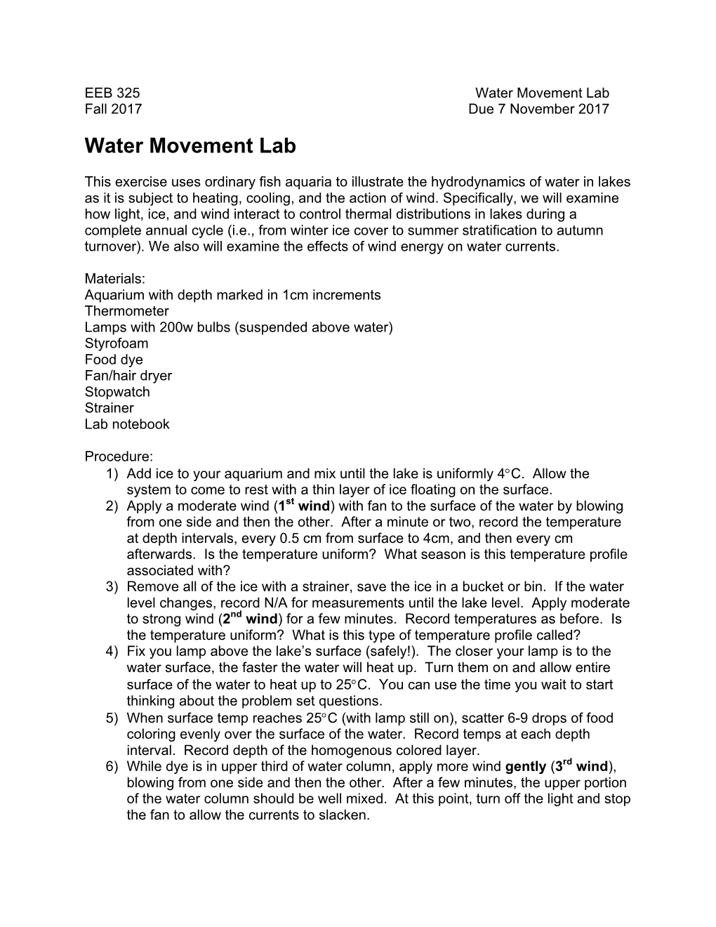 Water Movement Lab Fall 2017 Due 7 November 2017 Water Movement Lab