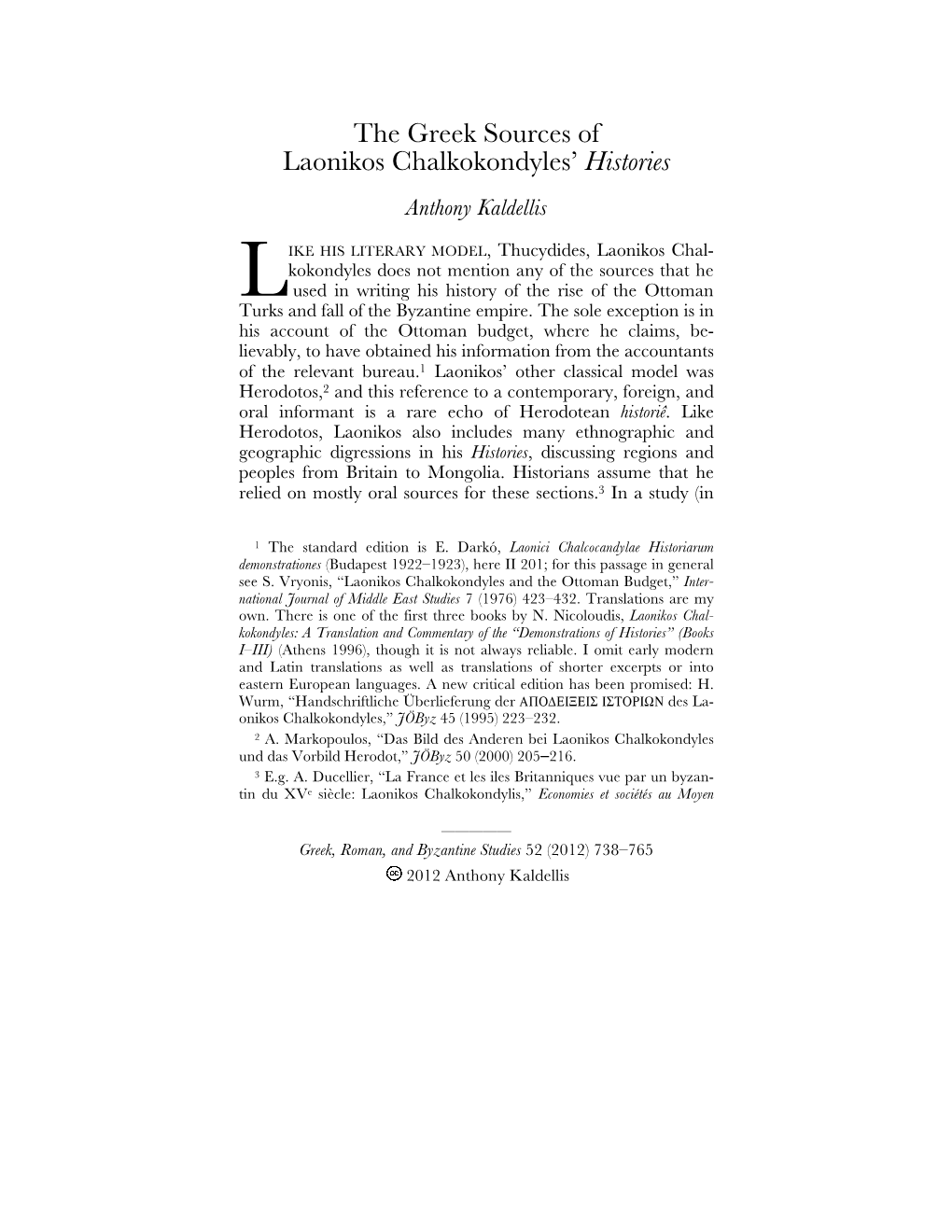 The Greek Sources of Laonikos Chalkokondyles' Histories
