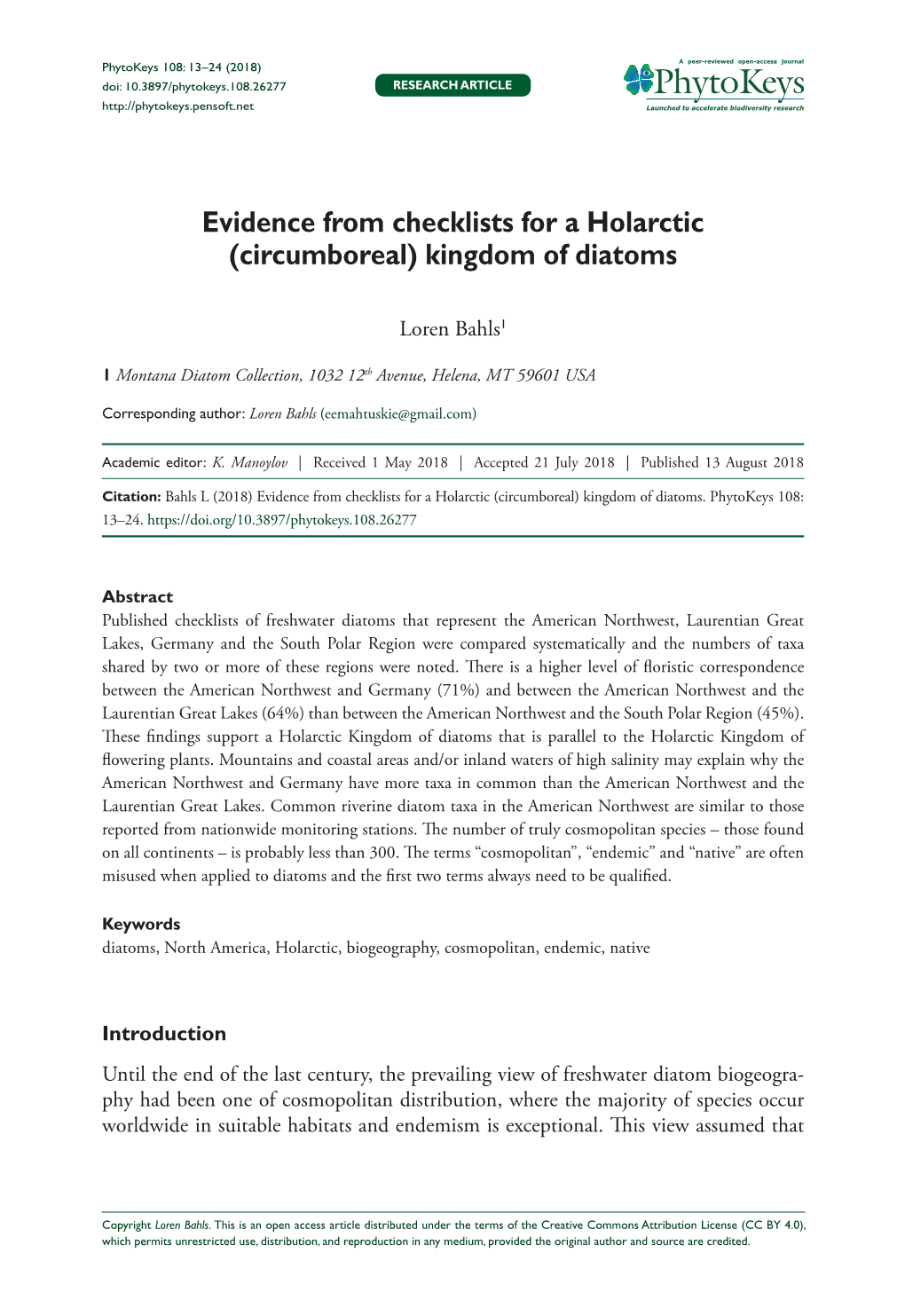 Evidence from Checklists for a Holarctic (Circumboreal) Kingdom of Diatoms