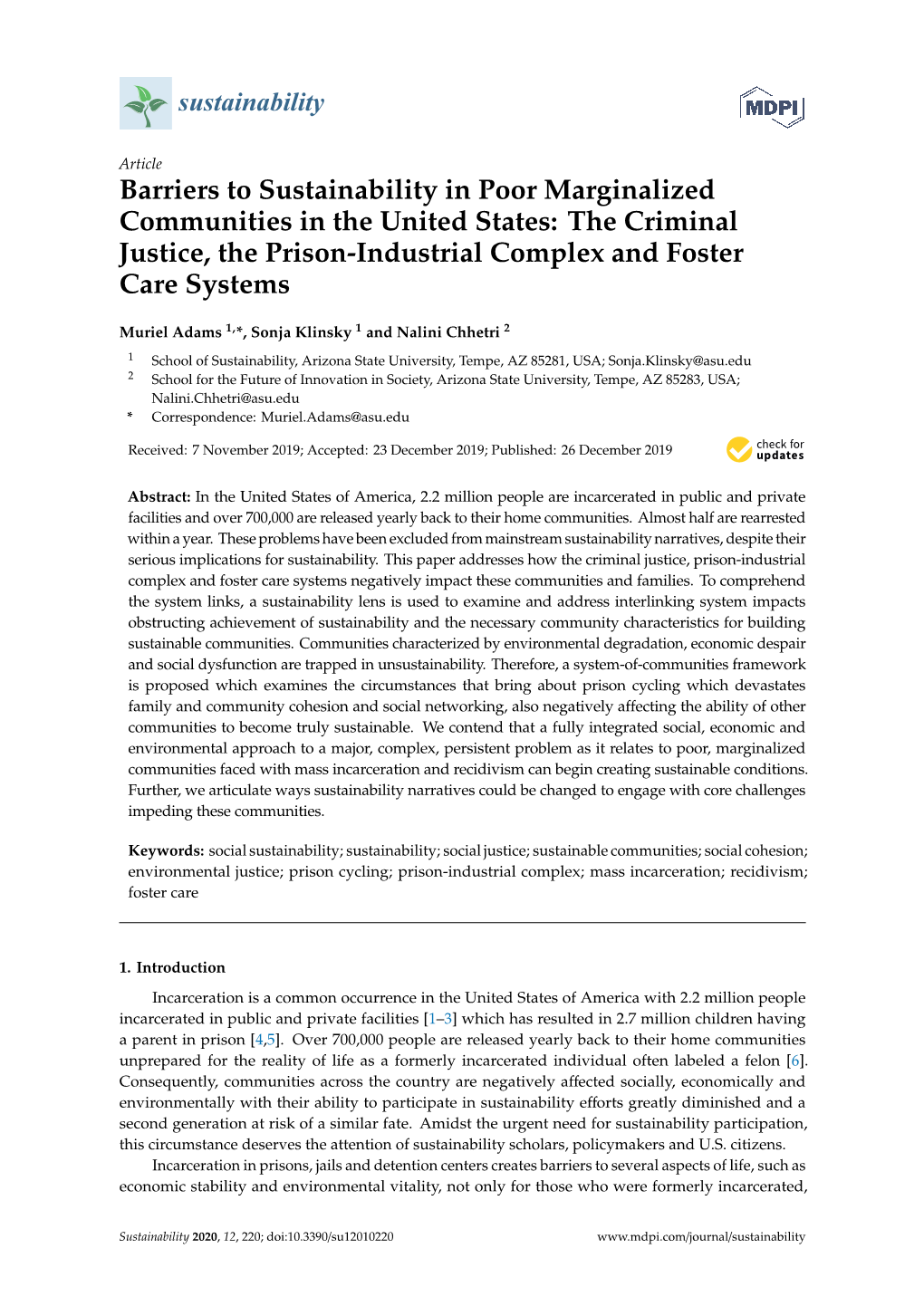 Barriers to Sustainability in Poor Marginalized Communities in the United States: the Criminal Justice, the Prison-Industrial Complex and Foster Care Systems