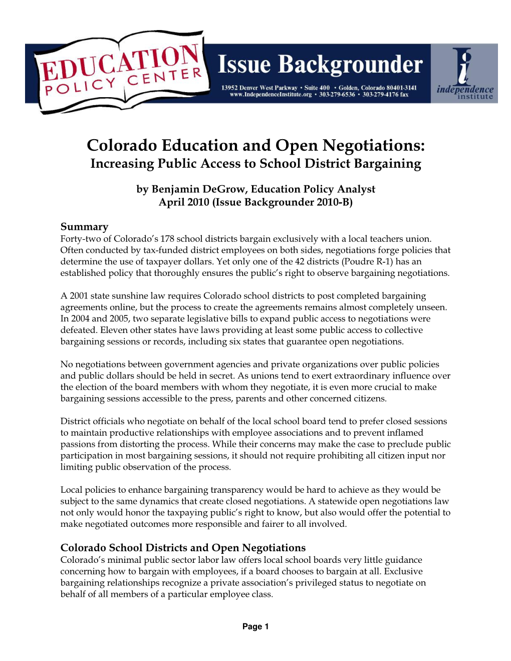 Colorado Education and Open Negotiations: Increasing Public Access to School District Bargaining