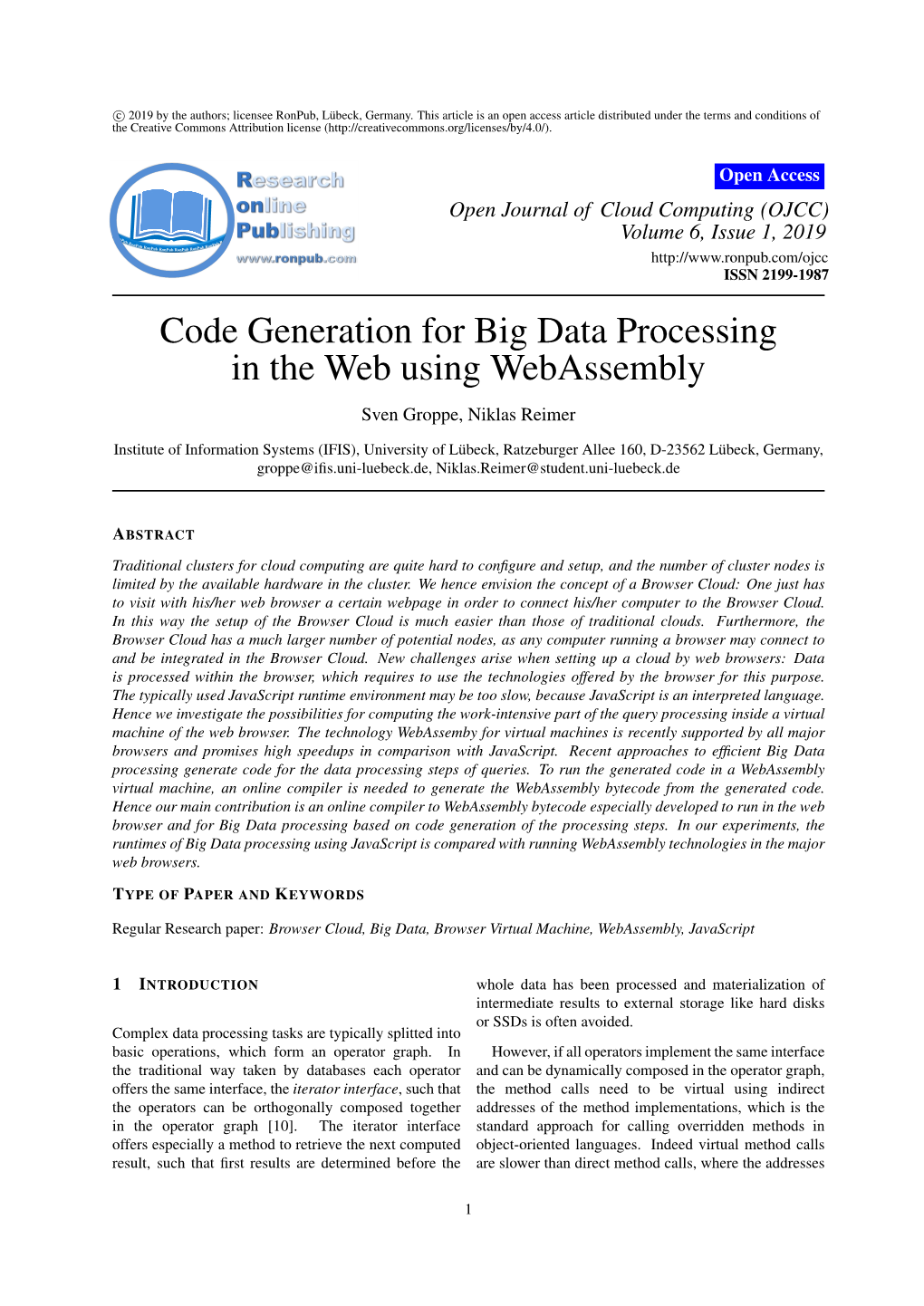 Code Generation for Big Data Processing in the Web Using Webassembly Sven Groppe, Niklas Reimer