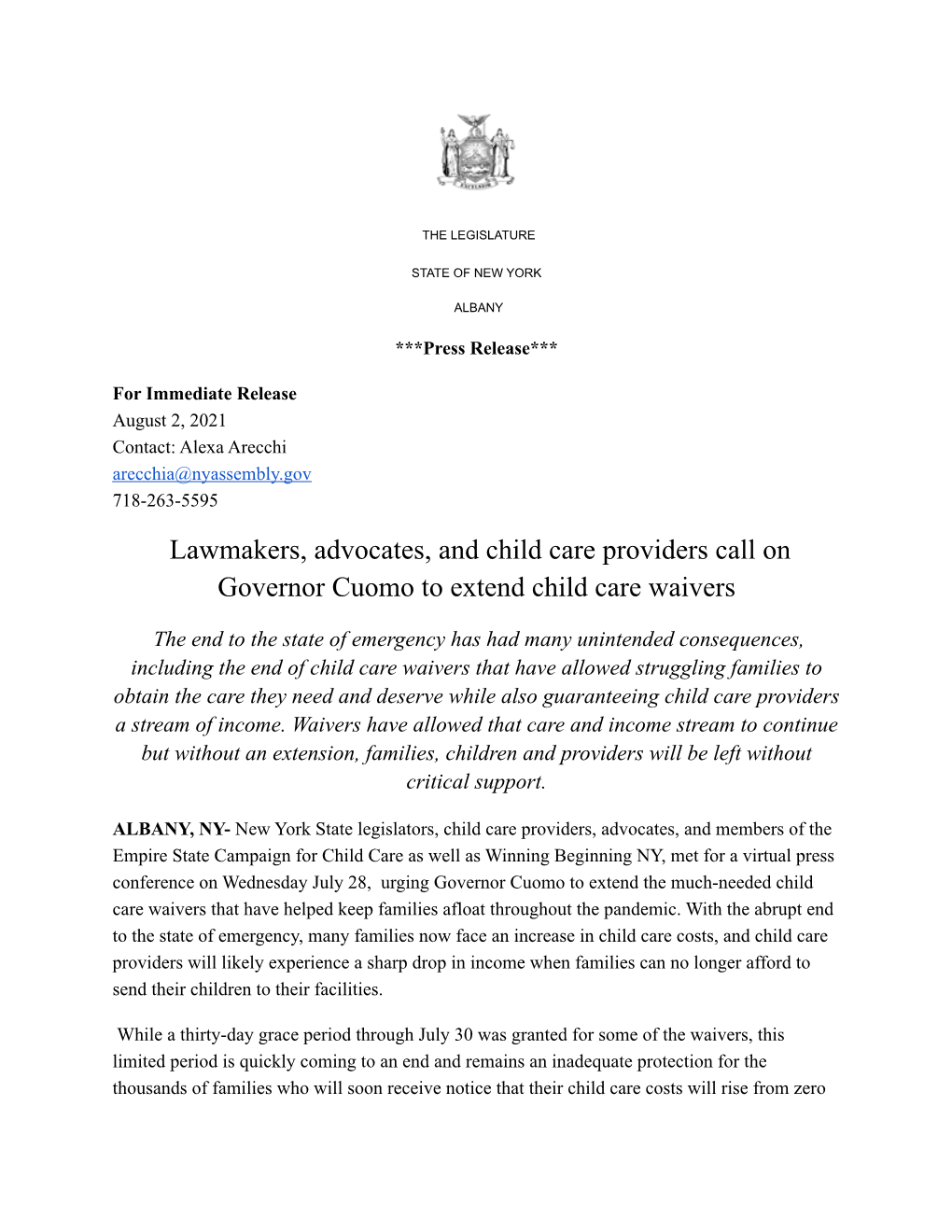 Child Care Waivers Press Release