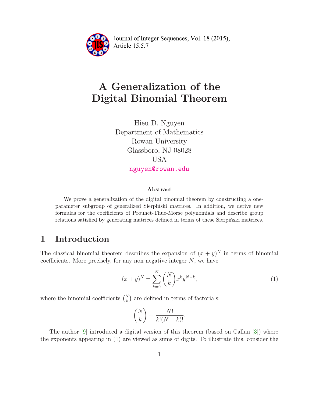 A Generalization of the Digital Binomial Theorem