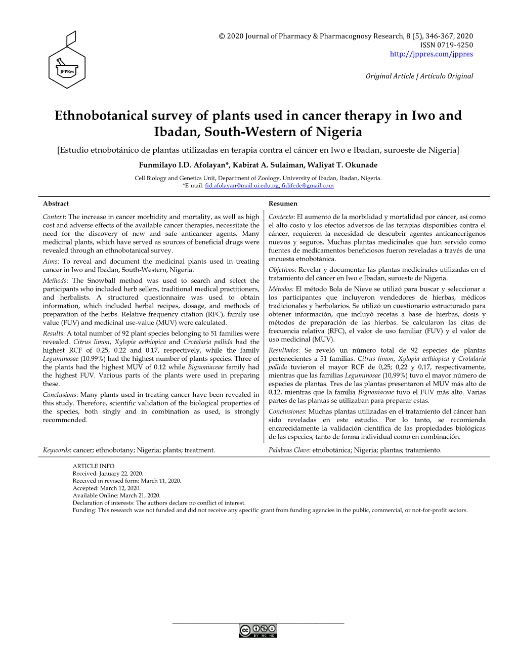 Ethnobotanical Survey of Plants Used in Cancer Therapy in Iwo And