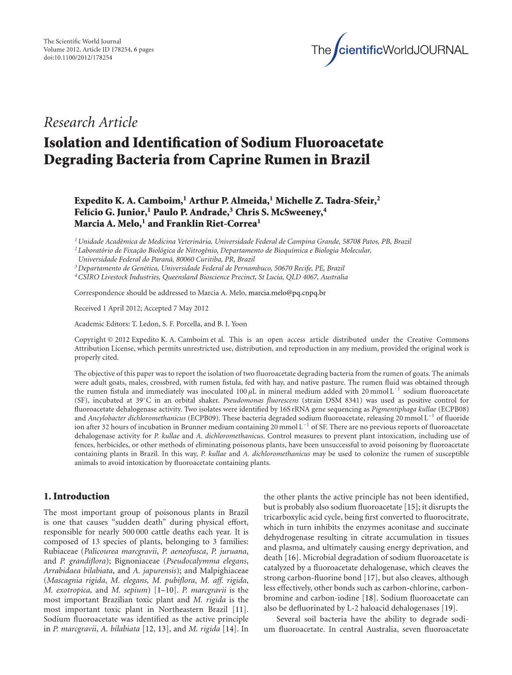 Isolation and Identification of Sodium Fluoroacetate Degrading Bacteria