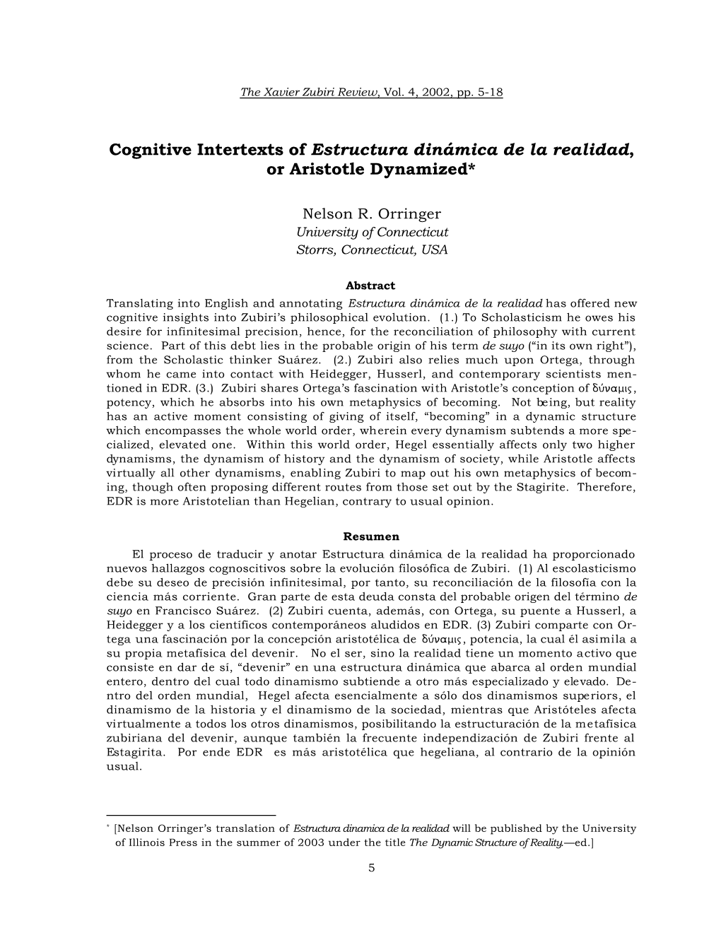 Cognitive Intertexts of Estructura Dinámica De La Realidad, Or Aristotle Dynamized*