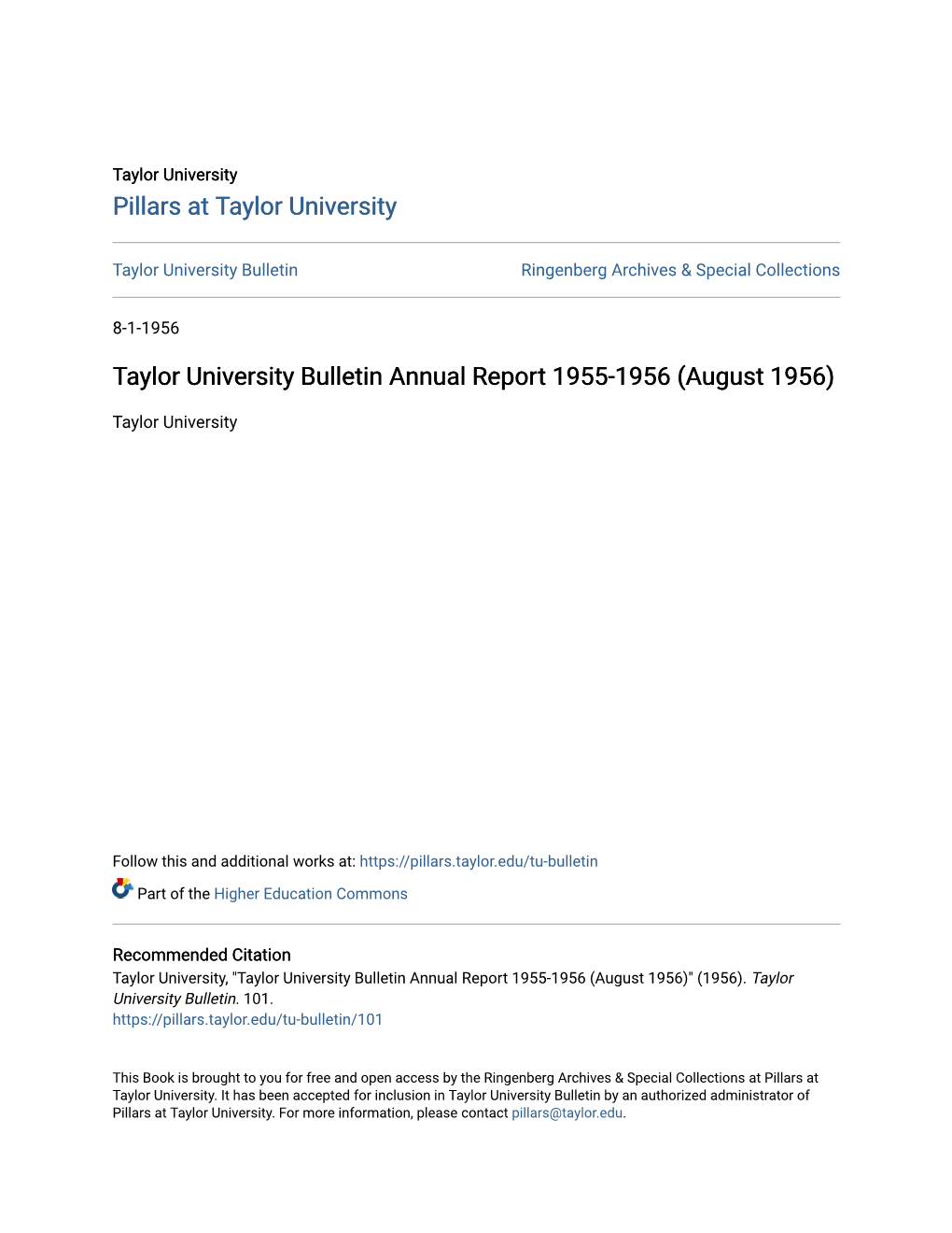 Taylor University Bulletin Annual Report 1955-1956 (August 1956)