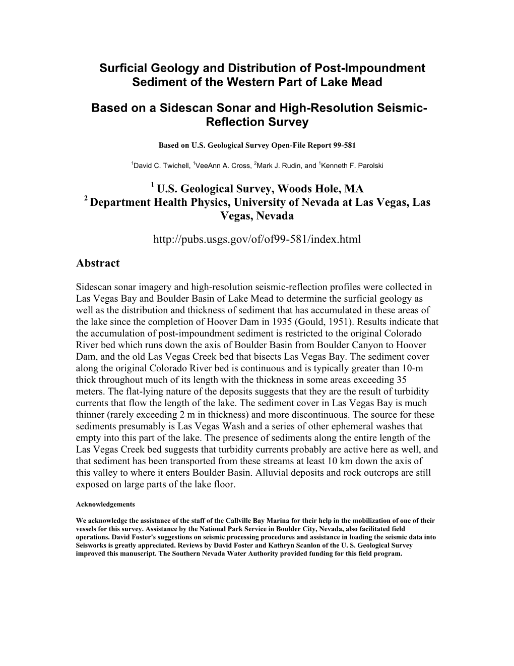 Surficial Geology and Distribution of Post-Impoundment Sediment of the Western Part of Lake Mead Based on a Sidescan Sonar and H