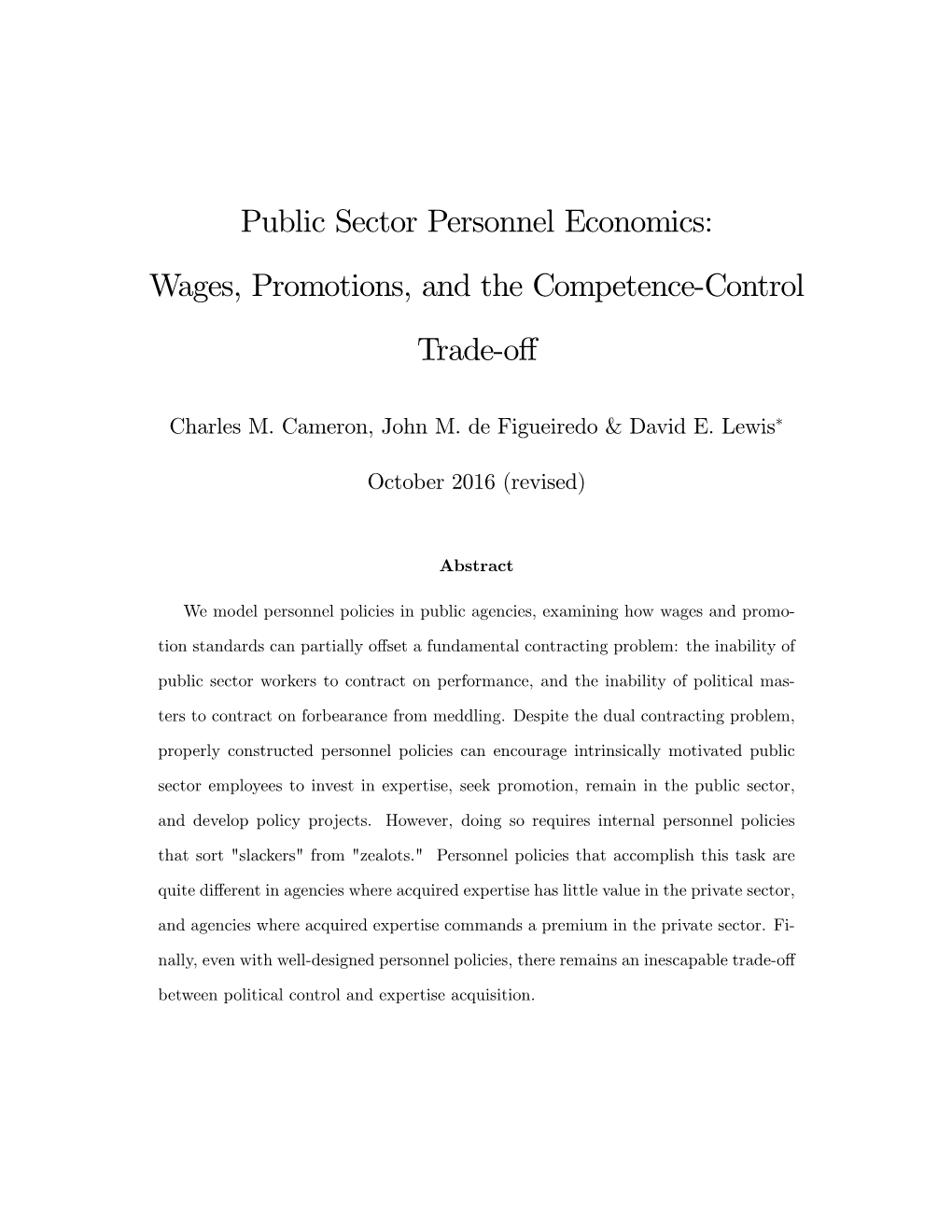 Public Sector Personnel Economics: Wages, Promotions, and the Competence-Control Trade-Oﬀ