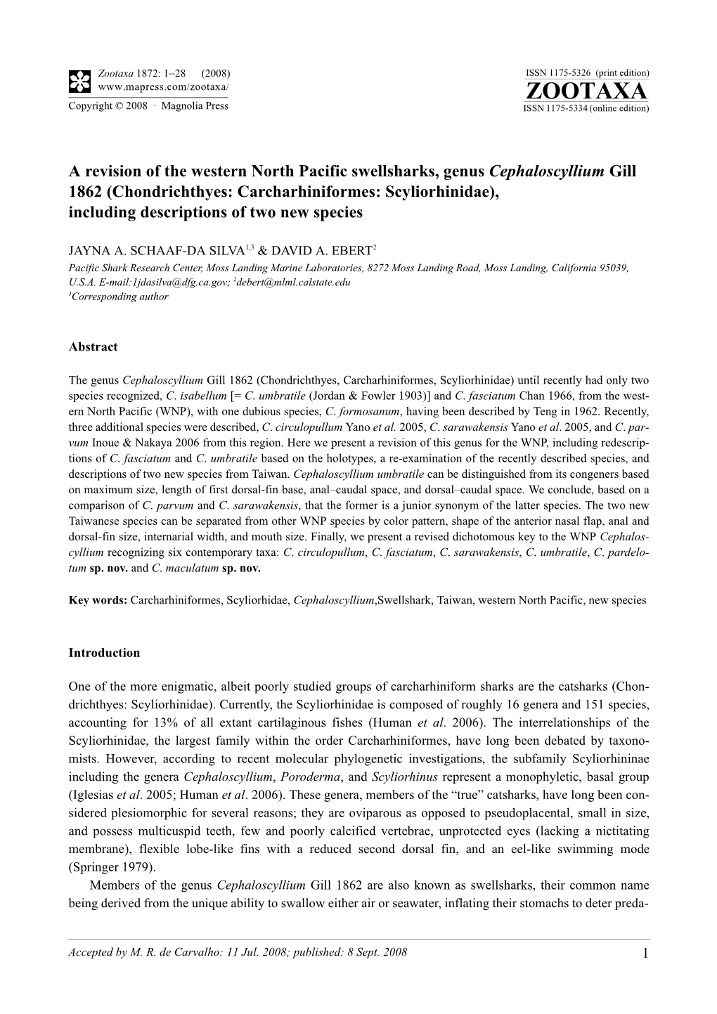 Zootaxa, a Revision of the Western North Pacific Swellsharks, Genus Cephaloscyllium Gill