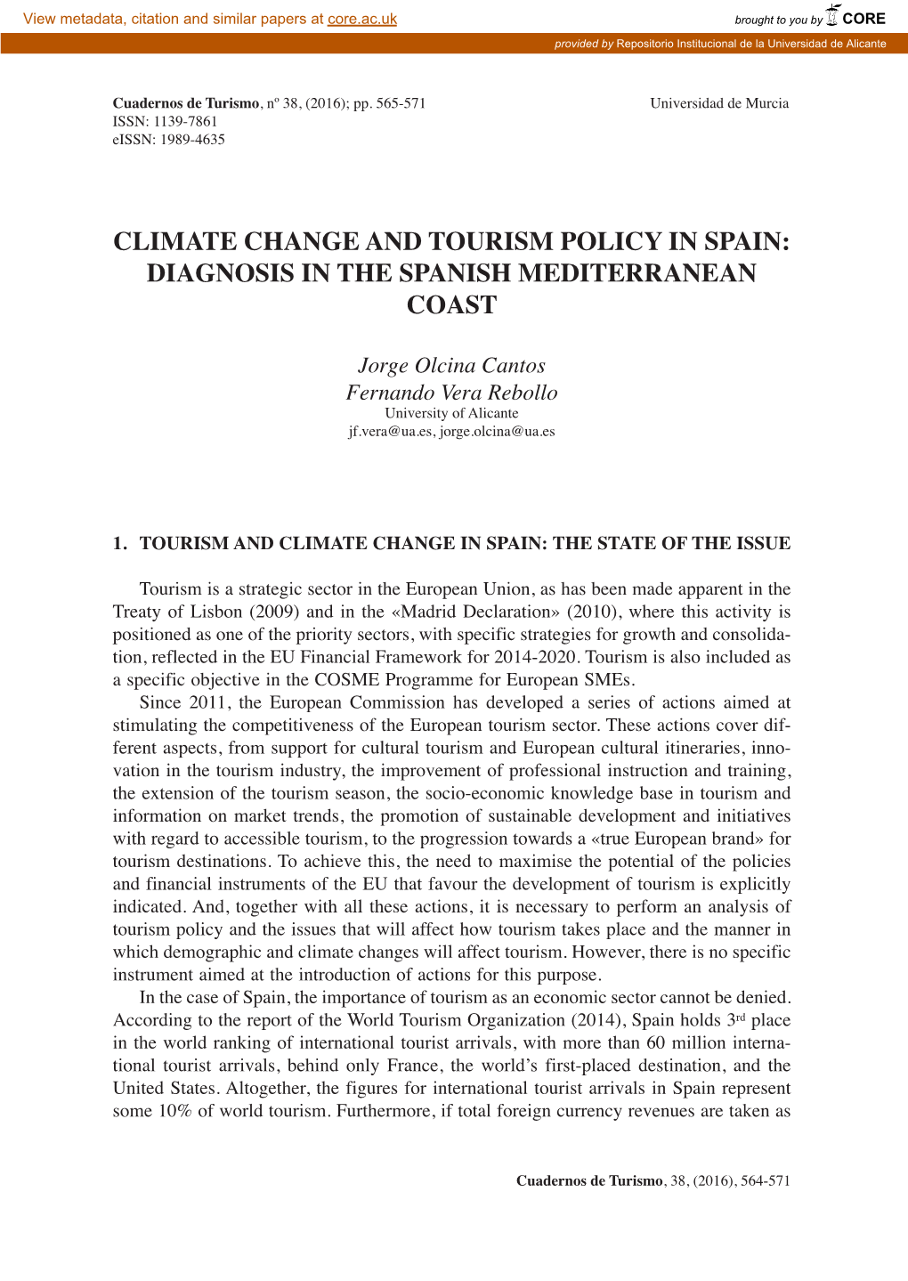 Climate Change and Tourism Policy in Spain: Diagnosis in the Spanish Mediterranean Coast