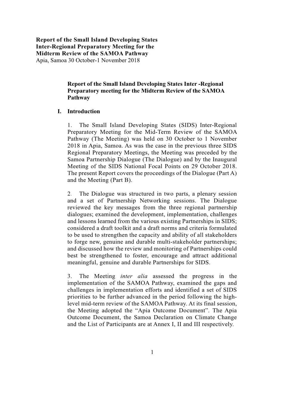 Report of the Small Island Developing States Inter -Regional Preparatory Meeting for the Midterm Review of the SAMOA Pathway