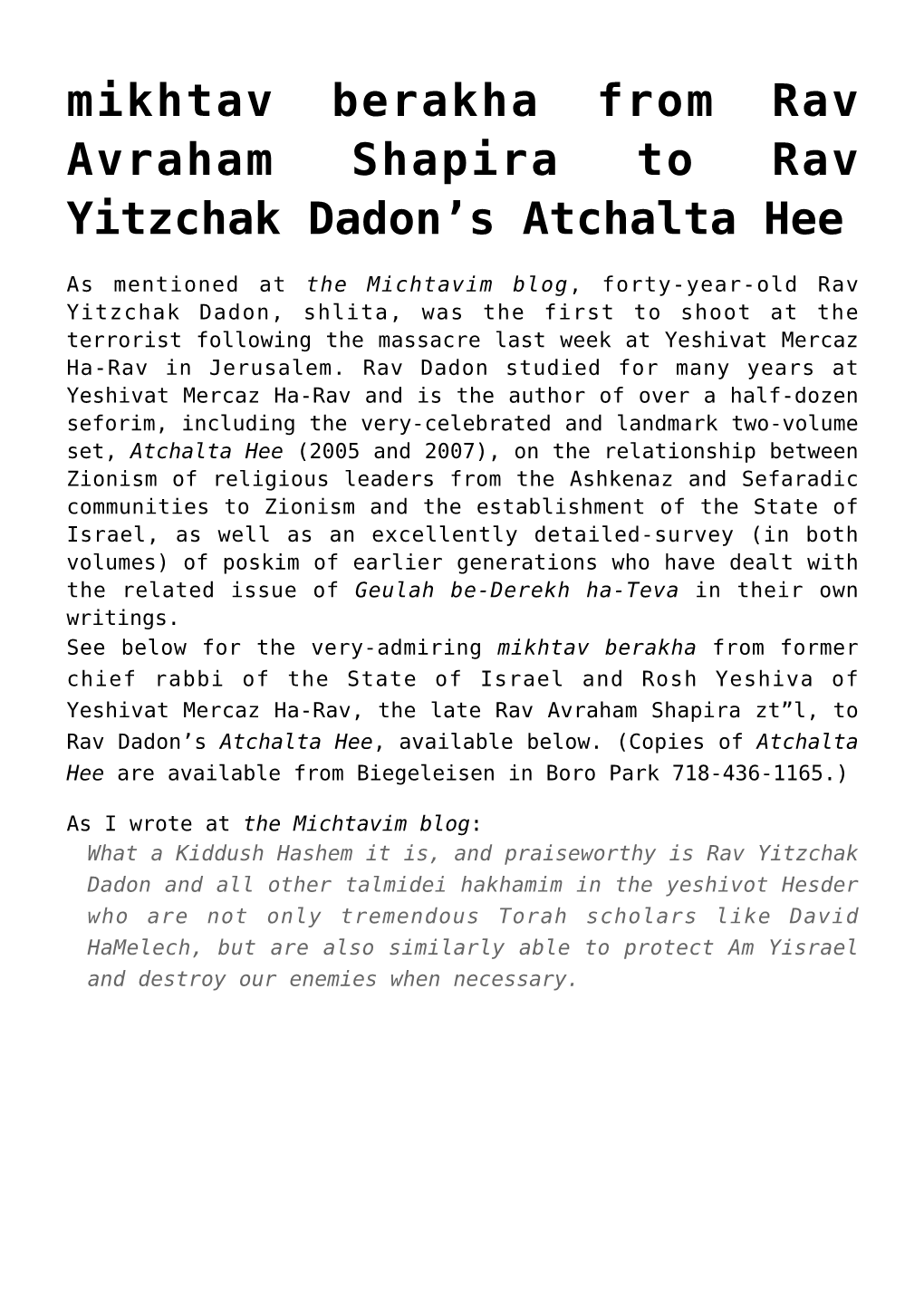 Mikhtav Berakha from Rav Avraham Shapira to Rav Yitzchak Dadon’S Atchalta Hee