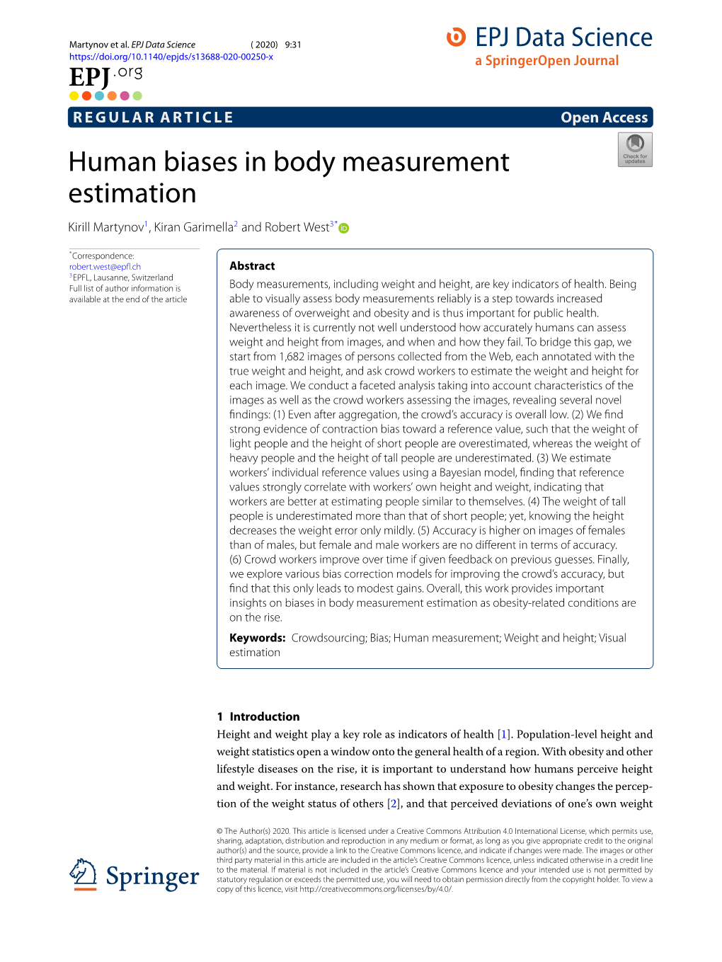 Human Biases in Body Measurement Estimation Kirill Martynov1, Kiran Garimella2 and Robert West3*