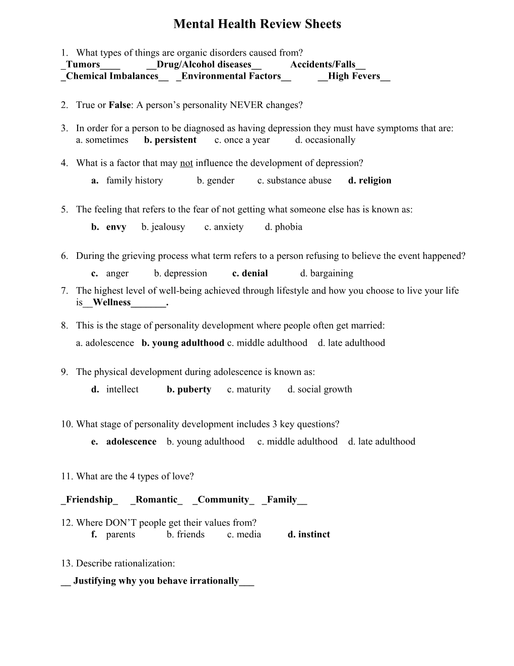 Mental Health Review Sheets