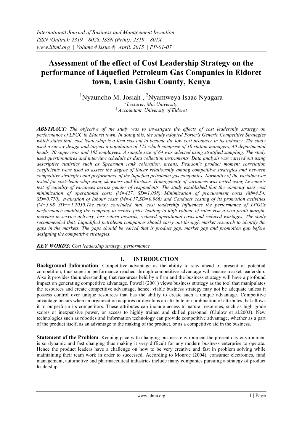 Assessment of the Effect of Cost Leadership Strategy on the Performance of Liquefied Petroleum Gas Companies in Eldoret Town, Uasin Gishu County, Kenya