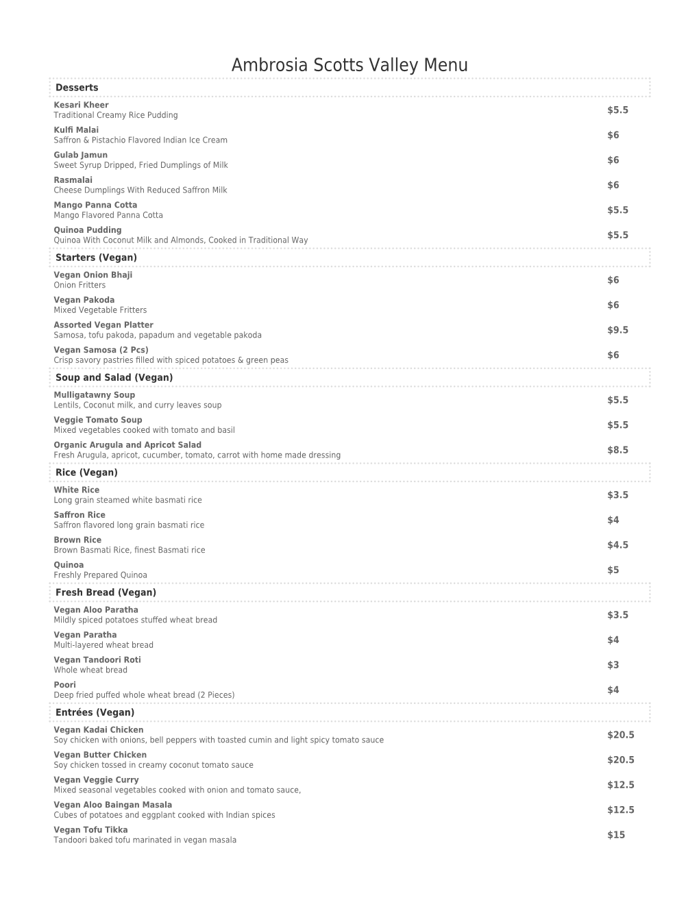 Ambrosia Scotts Valley Menu