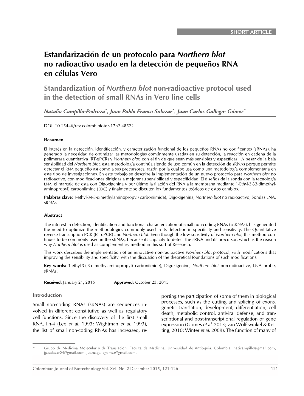 Estandarización De Un Protocolo Para Northern Blot No Radioactivo Usado