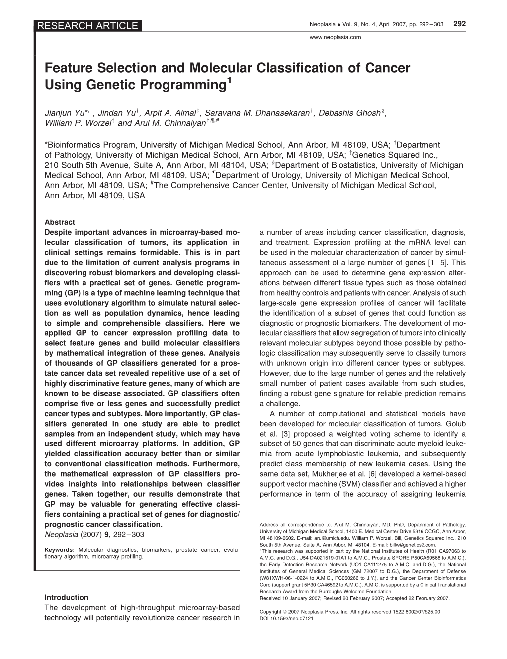 Feature Selection and Molecular Classification of Cancer Using Genetic Programming1