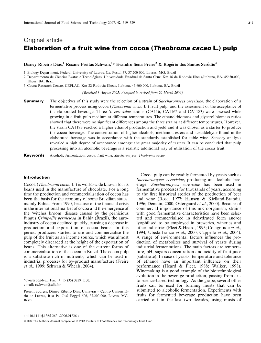 Original Article Elaboration of a Fruit Wine from Cocoa (Theobroma Cacao L.) Pulp