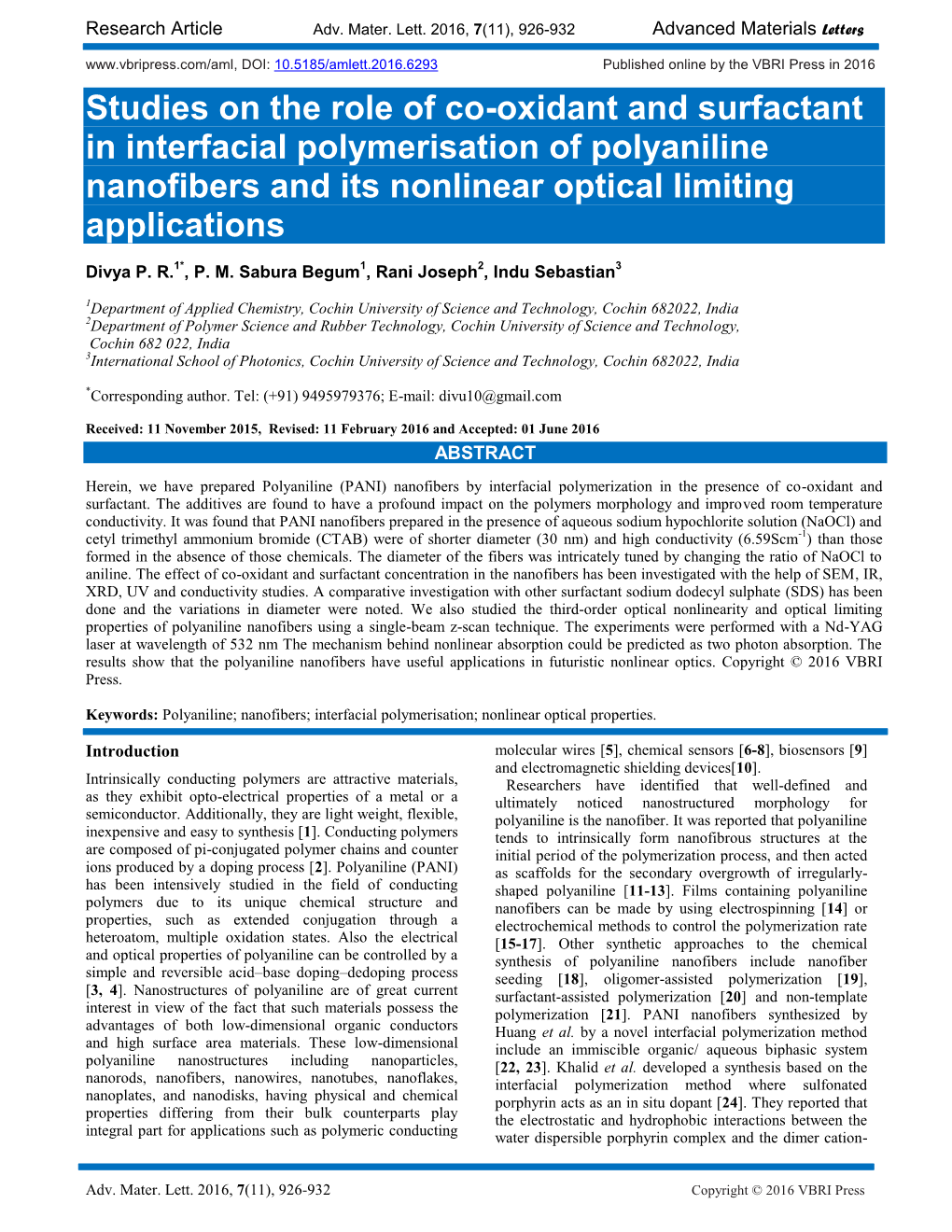 Studies on the Role of Co-Oxidant and Surfactant in Interfacial Polymerisation of Polyaniline Nanofibers and Its Nonlinear Optical Limiting Applications