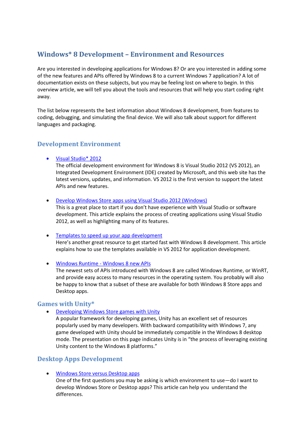 Windows* 8 Development – Environment and Resources