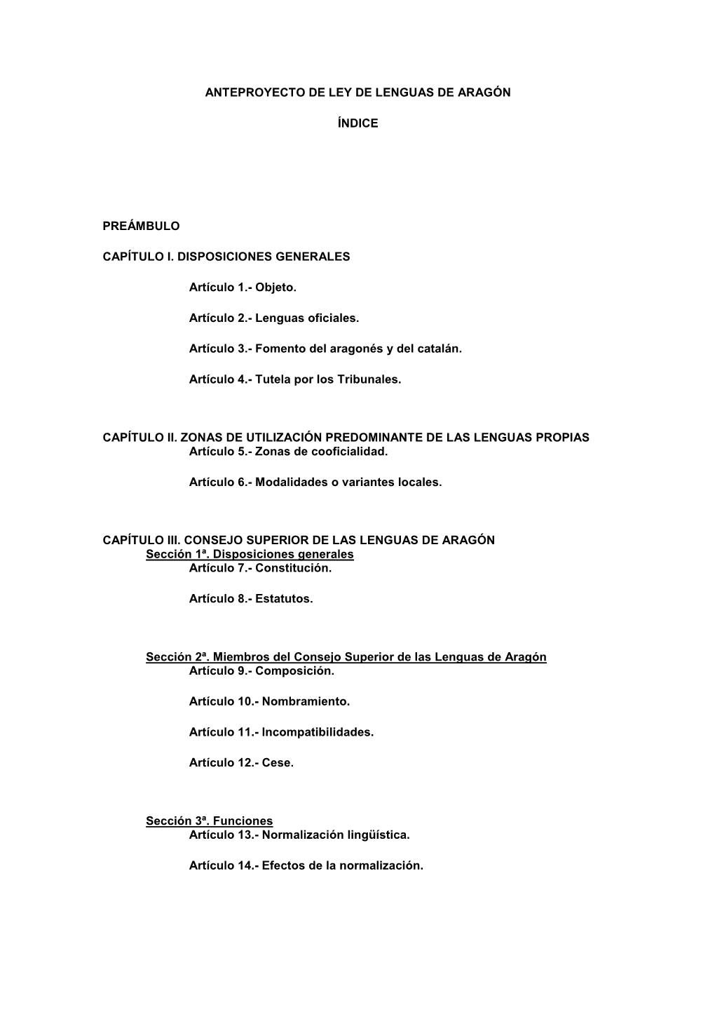 Anteproyecto De Ley De Lenguas De Aragón Índice