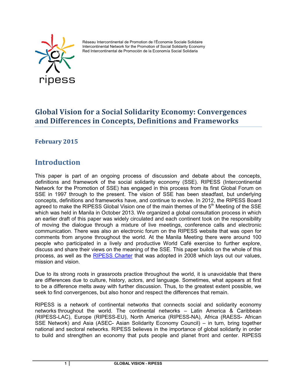 Global Vision for a Social Solidarity Economy: Convergences and Differences in Concepts, Definitions and Frameworks