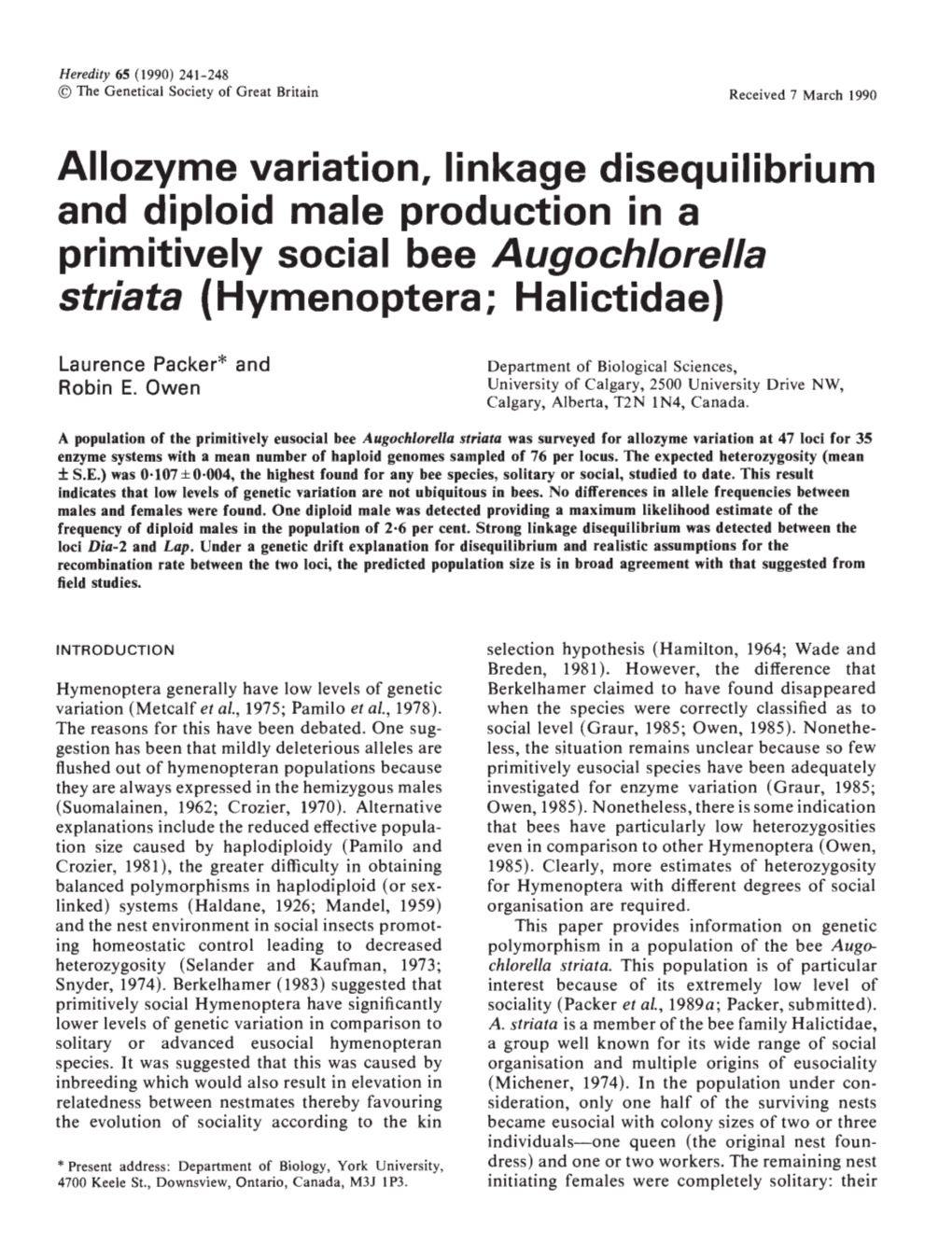 Allozyme Variation, Linkage Disequilibrium and Diploid Male Production in a Primitively Social Bee Augochiorella Striata (Hymenoptera; Halictidae)