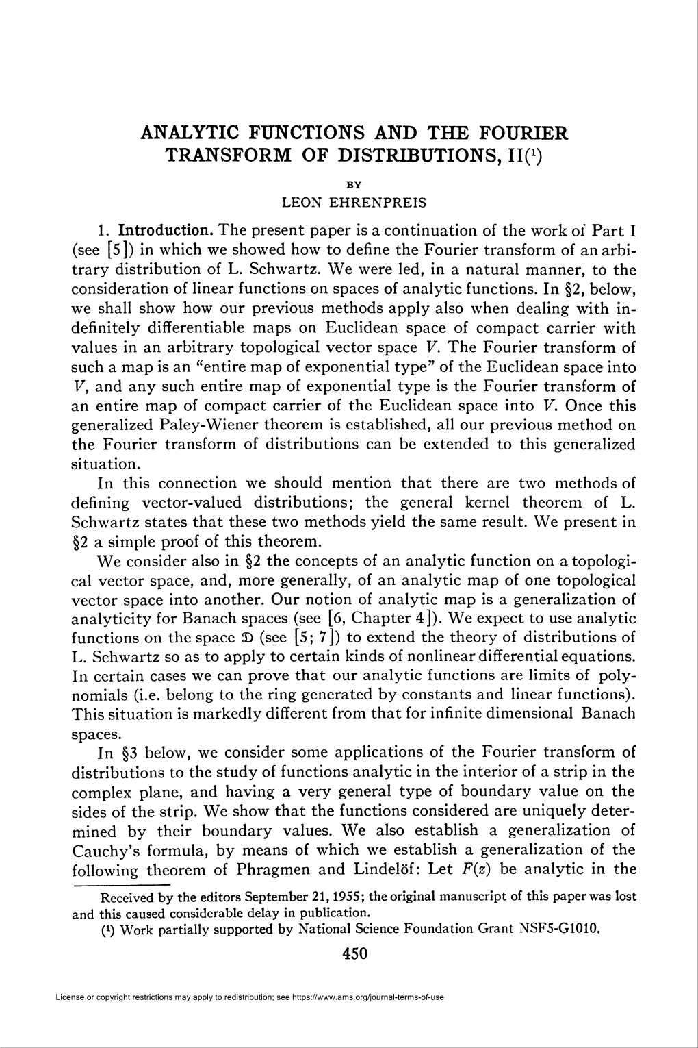 Analytic Functions and the Fourier Transform of Distributions, 110