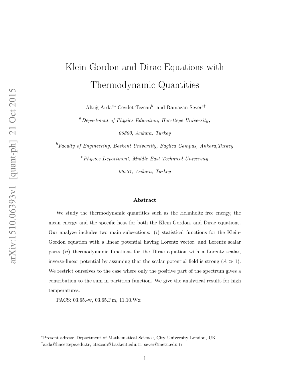 Klein-Gordon and Dirac Equations with Thermodynamic Quantities