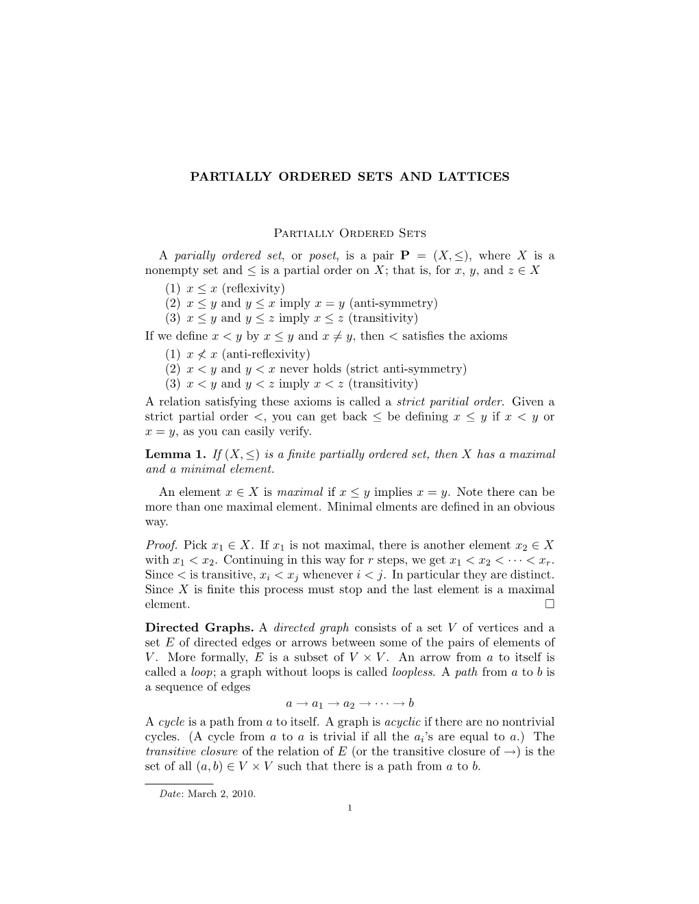 Partially Ordered Sets and Lattices